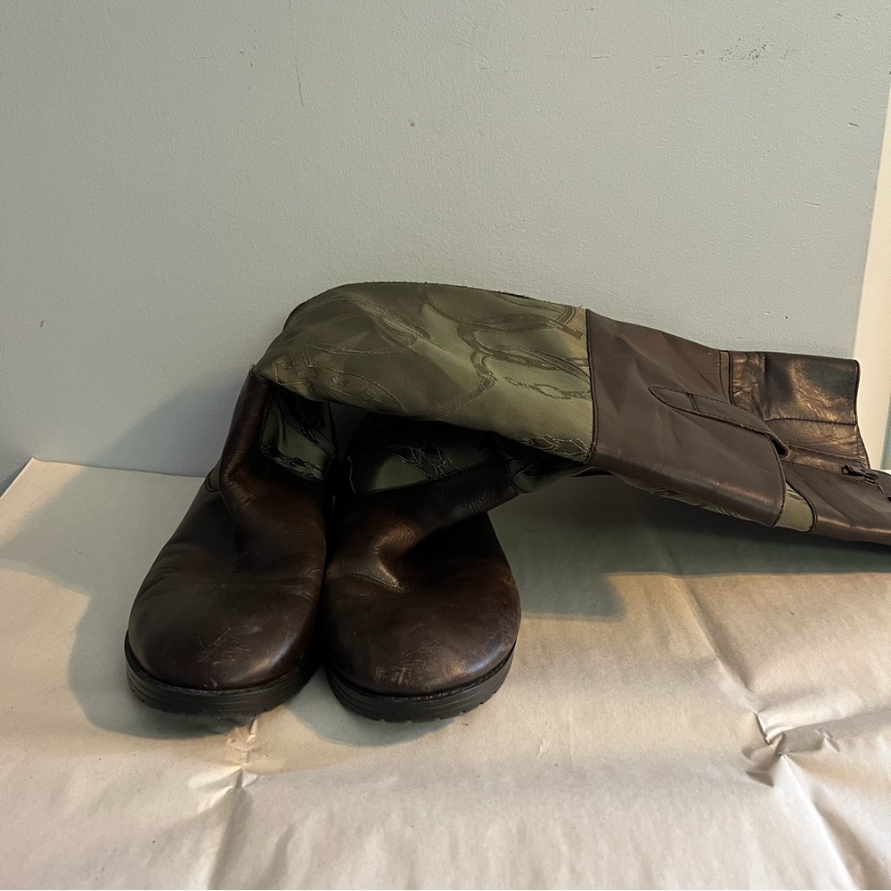 Brown and green Riding Boots Stara Equestrian Textile Leather Size 10M Rare